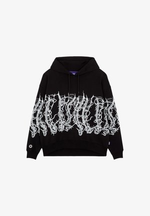 Felpa con cappuccio nera con una grande grafica bianca sulla parte anteriore. Presenta una tasca a marsupio e un cappuccio con coulisse. Tessuto morbido al tatto.