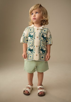 Malé batoľa s blond vlasmi, oblečené v košeli s potlačou na gombíky, svetlozelených kraťasoch a bielych sandáloch, stojace proti neutrálnemu pozadiu.