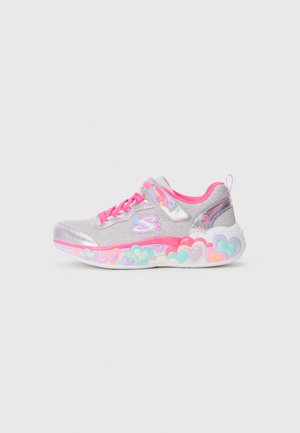 Girls' silver glitter sneaker with pink laces, multicolor heart accents on sole, and a pink interior lining.