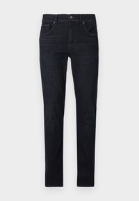 Tummat farkut slim fit -mallia, joissa on viisi taskua, napitettu suljenta ja kontrastivärinen ompelu. Kankaan pinta on sileä.