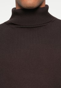 Ciemnobrązowy sweter z golfem o prążkowanej fakturze, charakteryzujący się grubym, miękkim materiałem, dopasowanym kołnierzem oraz subtelnymi detalami wzdłuż dekoltu.