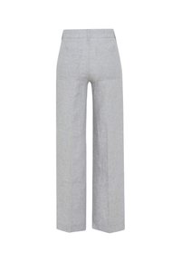 Pantalon large en lin gris clair vu de dos, avec deux poches arrière et une ceinture avec passants.