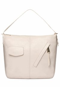 Borsa a spalla in pelle sintetica beige con chiusura a zip, tasca frontale e lungo manico. Presenta una texture sottile e dettagli in metallo color oro.