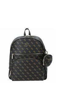 Czarny plecak w wzory wykonany z teksturowanego materiału, z złotymi akcentami, wieloma zamykanymi kieszeniami, okrągłym kształtem i małą odpinaną kieszonką.