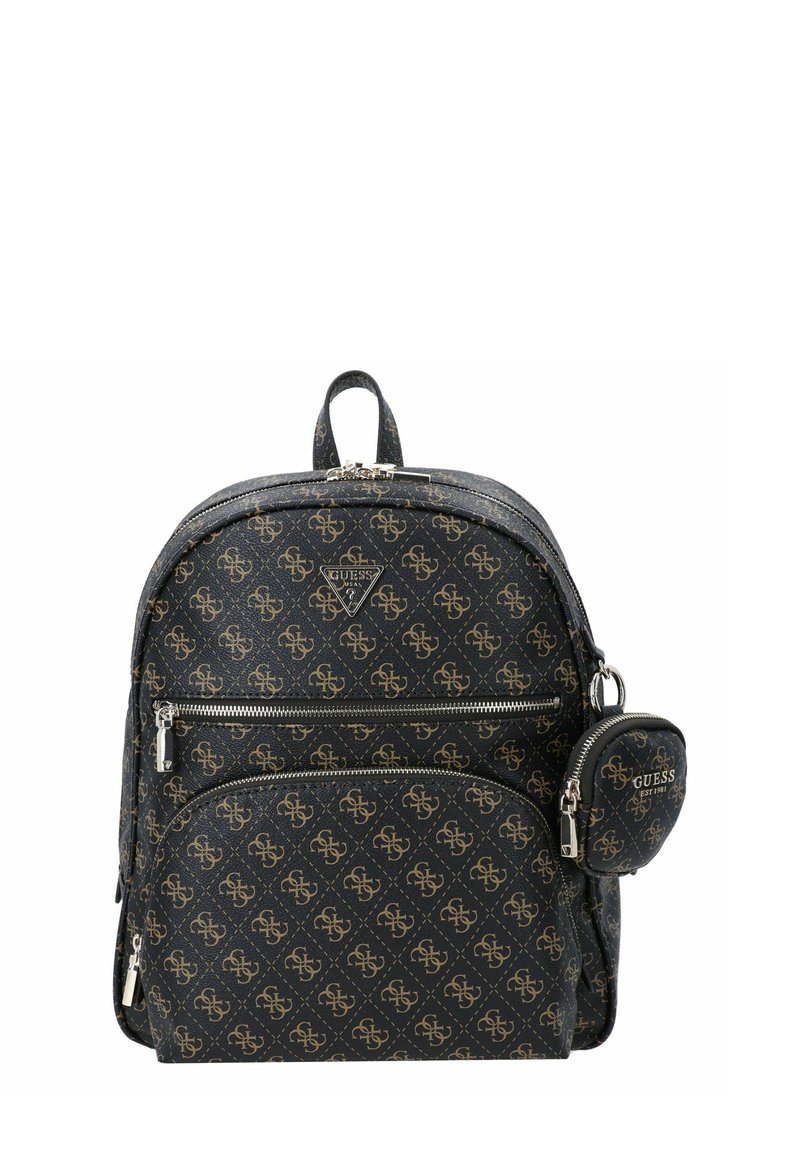 Czarny plecak w wzory wykonany z teksturowanego materiału, z złotymi akcentami, wieloma zamykanymi kieszeniami, okrągłym kształtem i małą odpinaną kieszonką.