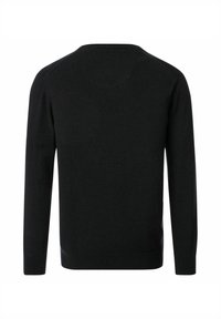 Schwarzer gestrickter Pullover mit langen Ärmeln, Rundhalsausschnitt und geripptem Saum. Glatte Textur ohne sichtbare Muster oder Beschläge.