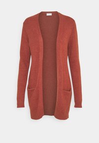 Roestkleurige cardigan met open voorkant, lange mouwen, ribgebreide manchetten en twee voorkruiden. Gemaakt van zachte, gestructureerde stof.