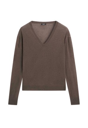 Maglione marrone a maniche lunghe con scollo a V. Realizzato in tessuto morbido, presenta un orlo dritto e polsini a coste.