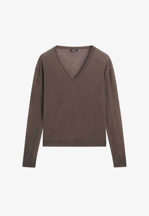 Brązowy sweter z długim rękawem i dekoltem w serek. Wykonany z miękkiego materiału, z prostym dołem i ściągaczami na mankietach.