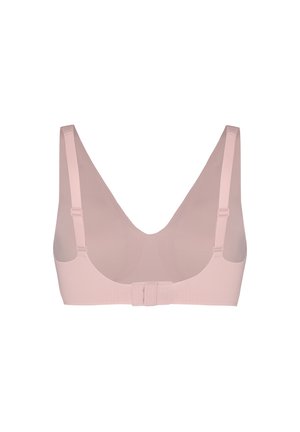 Hellrosa BH mit verstellbaren Trägern und Hakenverschluss hinten, von hinten gezeigt.