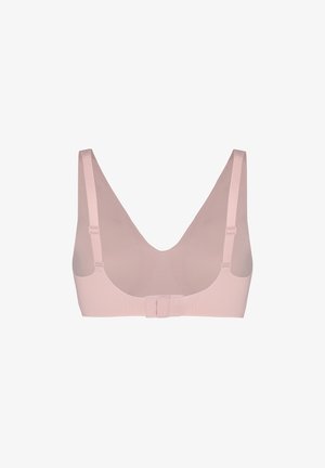 Soutien-gorge rose clair avec bretelles réglables et fermeture à agrafe dans le dos, vu de dos.