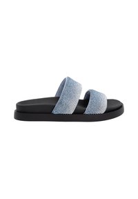 Blue slide sandals with two textured straps featuring a rhinestone pattern, a cushioned black sole, and a sleek, minimalist design.