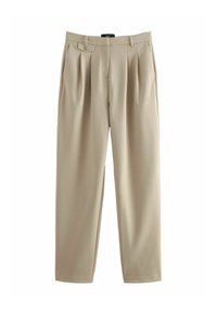 Beige pleated trousers with a relaxed fit, featuring a button closure and belt loops, made from a smooth fabric with a soft texture.