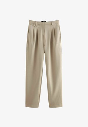 Beige redőzött nadrág lazább szabással, gombos záródással és övhurkokkal, sima anyagból, puha tapintással.