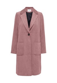 Langer rosa Cord-Mantel mit einem Reverskragen, Ein-Knopf-Verschluss und zwei Fronttaschen. Weiche Textur und gerade Silhouette.