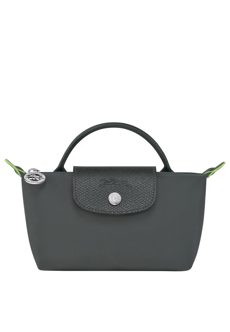 Gray handbag with a structured design, textured leather flap, and a smooth body. Features a round metal logo and green accents on handles.