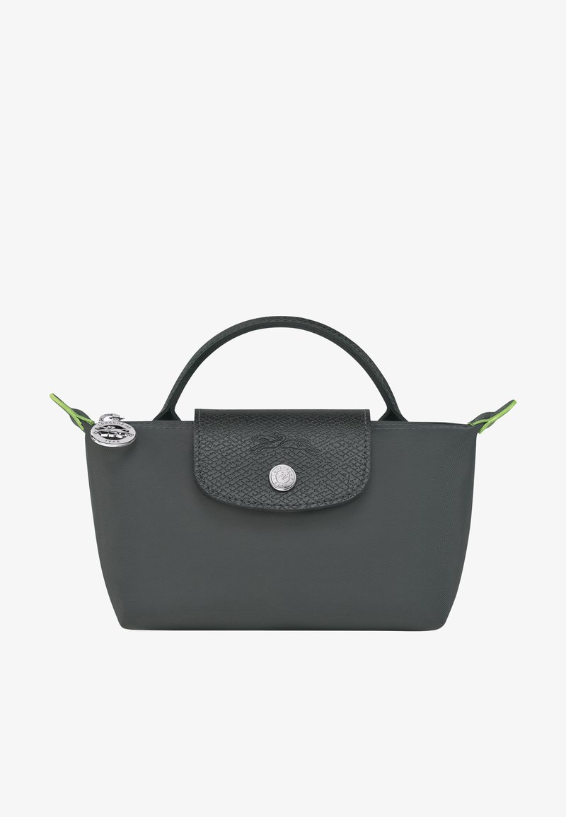 Gray handbag with a structured design, textured leather flap, and a smooth body. Features a round metal logo and green accents on handles.