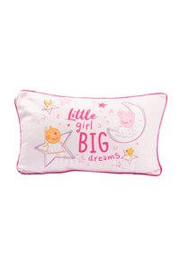 Cuscino rettangolare in tessuto morbido, con piping rosa. Il design frontale include personaggi fantasiosi e il testo "Ragazza piccola GRANDI sogni."