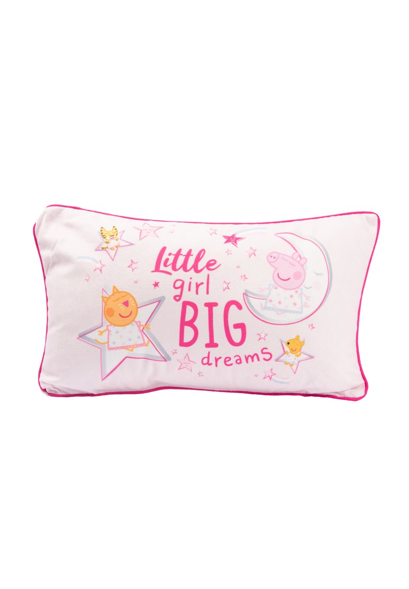 Cuscino rettangolare in tessuto morbido, con piping rosa. Il design frontale include personaggi fantasiosi e il testo "Ragazza piccola GRANDI sogni."