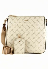 Beige crossbody-taske med et præget mønster, guldbelagte detaljer og en aftagelig matchende kortholder. Har en tekstureret finish.