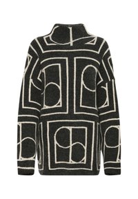 Striktrøje i mørkegrå med en oversized pasform, der har et geometrisk cremefarvet mønster af cirkler og rektangler. Design med høj hals.