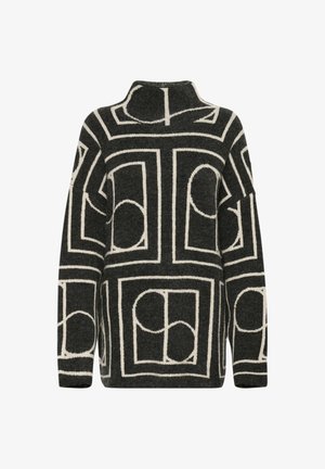 Gebreide trui in donkergrijs met een oversized pasvorm, voorzien van een geometrisch crèmekleurig patroon van cirkels en rechthoeken. Hoog halsontwerp.