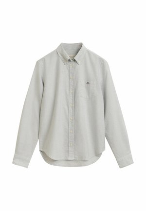 Camicetta button-up a maniche lunghe con righe verticali grigie e bianche, colletto a punta, tasca sul petto e orlo arrotondato.