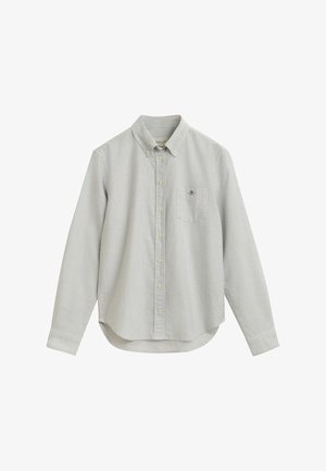 Napapaiton pitkähihainen paita, jossa on harmaita ja valkoisia pystysuoria raitoja, terävä kaulus, rintatasku ja pyöristetty helma.