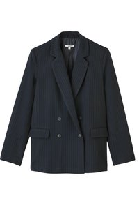 Blazer croisé à rayures bleu marine avec revers crantés, deux poches avant et boutons noirs, fabriqué à partir d'un tissu lisse en mélange.