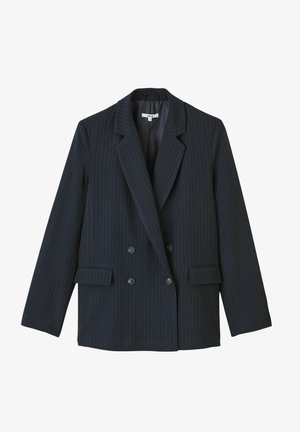 Blazer croisé à rayures bleu marine avec revers crantés, deux poches avant et boutons noirs, fabriqué à partir d'un tissu lisse en mélange.