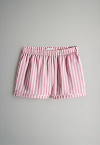 Rózsaszín és fehér csíkos rövidnadrág elasztikus derékrésszel, laza szabással és szegélyezett szegéllyel a kényelem és a stílus érdekében.