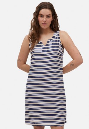 Vestido sin mangas a rayas en blanco, azul marino y azul claro. Presenta un escote en V y un corte holgado, hecho de suave tela de algodón.