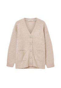 Beżowy kardigan wykonany z miękkiego, puszystego materiału. Posiada dekolt w serek, sześć ozdobnych guzików, dwie przednie kieszenie oraz luźny krój.