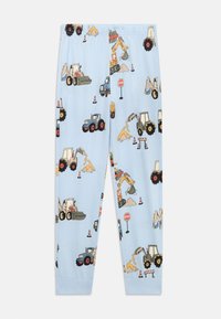 Light blue cotton pajama pants with an all-over print of construction vehicles, traffic cones, and stop signs. Elastic waistband, fitted cuffs.