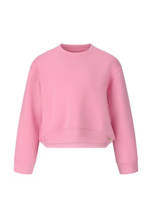 Rosa Sweatshirt mit Rundhalsausschnitt, langen Ärmeln und kurzem Saum, ausgestattet mit gerippten Bündchen und einem kleinen Stoffetikett am unteren vorderen Saum.