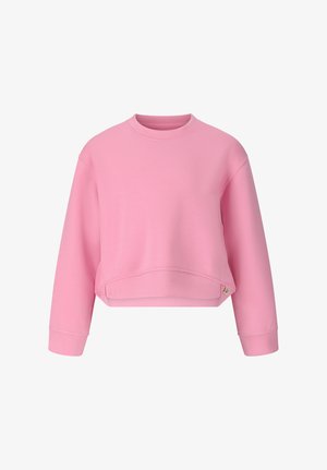 Rosa Sweatshirt mit Rundhalsausschnitt, langen Ärmeln und kurzem Saum, ausgestattet mit gerippten Bündchen und einem kleinen Stoffetikett am unteren vorderen Saum.