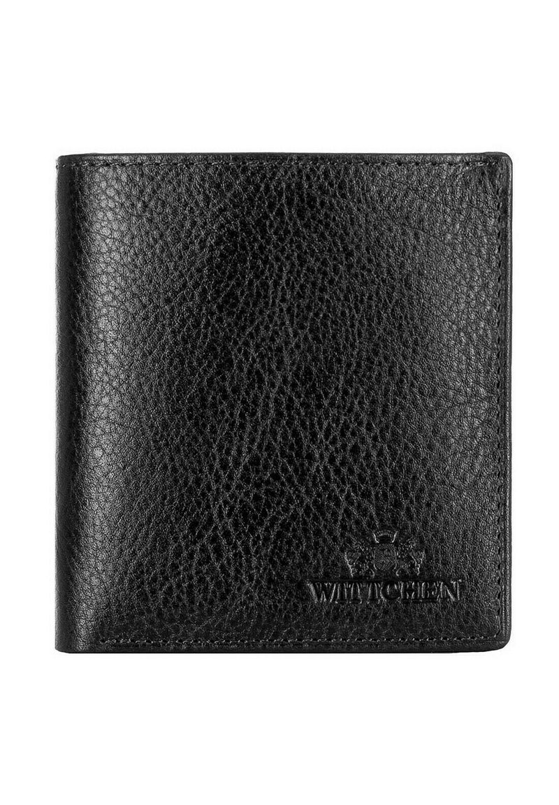 Portafoglio in pelle nera con finitura testurizzata, design bi-fold e dettaglio del logo in rilievo. Forma compatta e semplice per un facile trasporto.