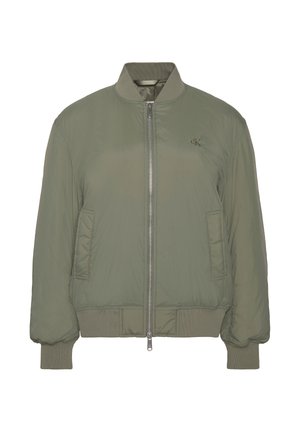 Licht olijfgroene bomberjack met rits aan de voorkant, geribde kraag en manchetten, zijzakken en een klein "cK"-logo op de borst.