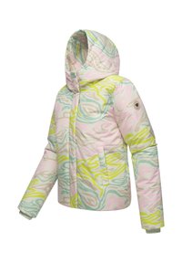 Padded jacket with multicolored abstract pattern in pink, yellow, and green. Features a hood and elastic cuffs; includes side pockets.