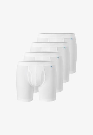 Weiße Baumwoll-Boxershorts mit weicher Textur, ausgestattet mit einem enganliegenden Schnitt, elastischem Bund und unterstützendem Beutel. Viererpack.