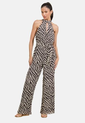 Jumpsuit a righe zebrate in beige e marrone, con scollo all'americana, dettaglio a occhiello e vita raccolta con cintura annodata, silhouette a gamba larga.