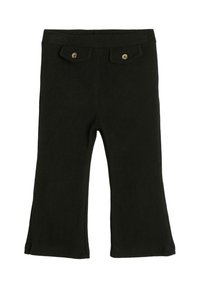 Pantalones de tela negra acanalada con piernas acampanadas y dos pequeños bolsillos frontales abotonados en la cinturilla.