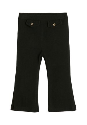 Pantalones de tela negra acanalada con piernas acampanadas y dos pequeños bolsillos frontales abotonados en la cinturilla.