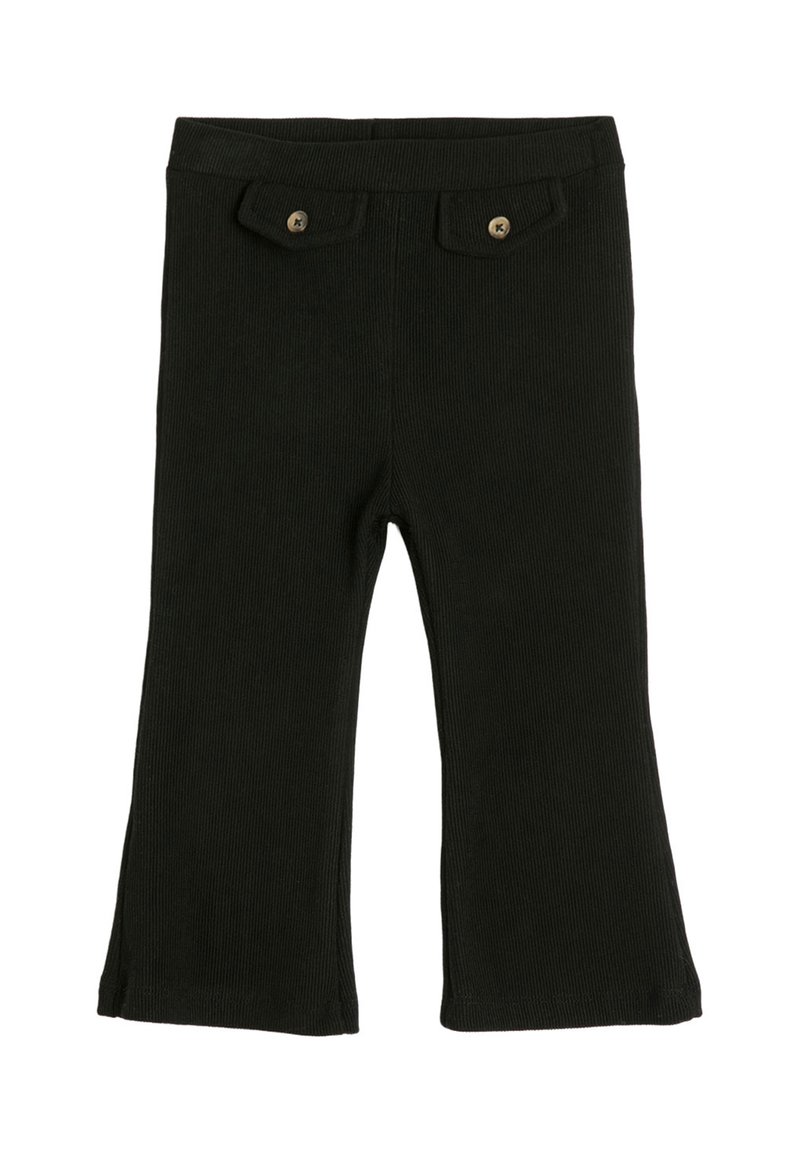 Pantalones de tela negra acanalada con piernas acampanadas y dos pequeños bolsillos frontales abotonados en la cinturilla.