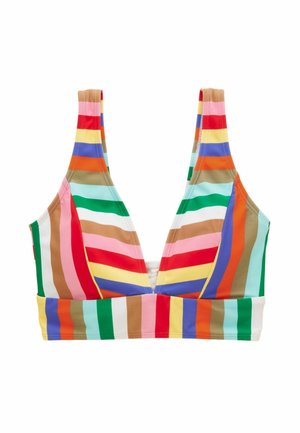 Farebné pruhované bikiny s širokými ramienkami a hlbokým výstrihom do V, s horizontálnymi a diagonálnymi pásmi v červenej, modrej, zelenej, žltej, ružovej, oranžovej a hnedej farbe.