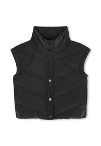 Gilet senza maniche nero in piumino con colletto alto e bottoni a pressione, caratterizzato da un design trapuntato e una finitura leggermente texturizzata.