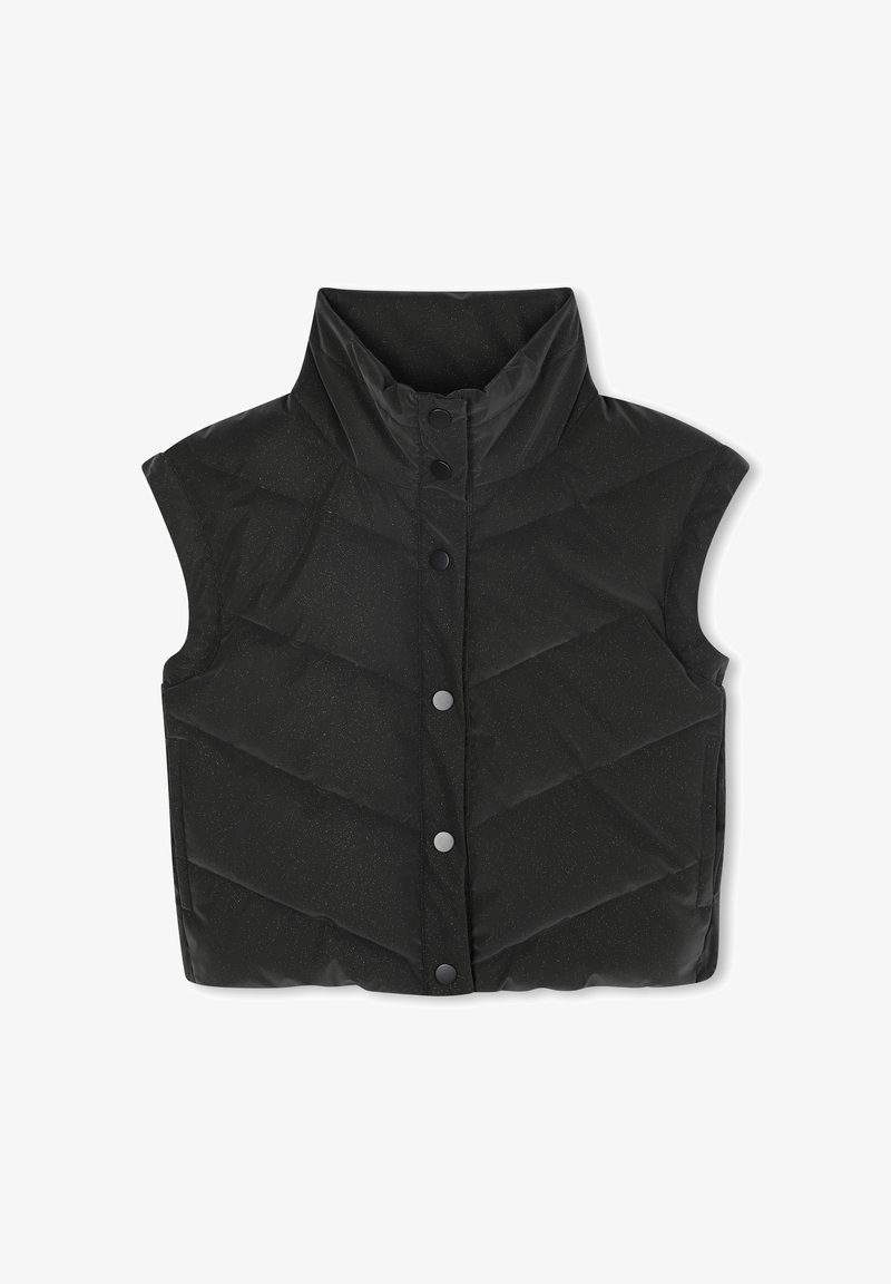 Gilet senza maniche nero in piumino con colletto alto e bottoni a pressione, caratterizzato da un design trapuntato e una finitura leggermente texturizzata.