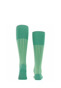 Calze verdi fino al ginocchio con strisce verticali gialle. Realizzate in un materiale morbido e elastico. Tessuto a coste nella parte superiore.
