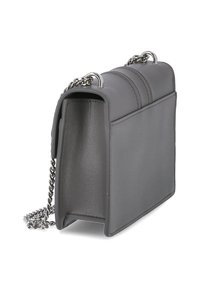 Gray leather handbag with a structured shape, featuring a chain strap and a smooth texture. Notable seam details on the front.