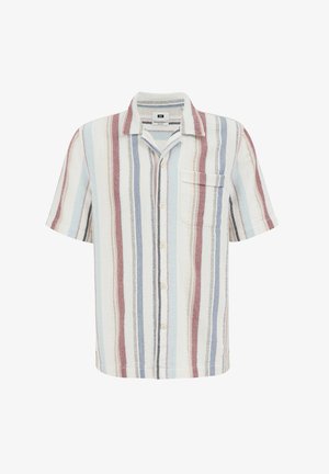 Rövid ujjú gombos ing, vízszintes csíkokkal kék, piros és krém színekben, egyetlen mellzsebbel és laza fazonban.